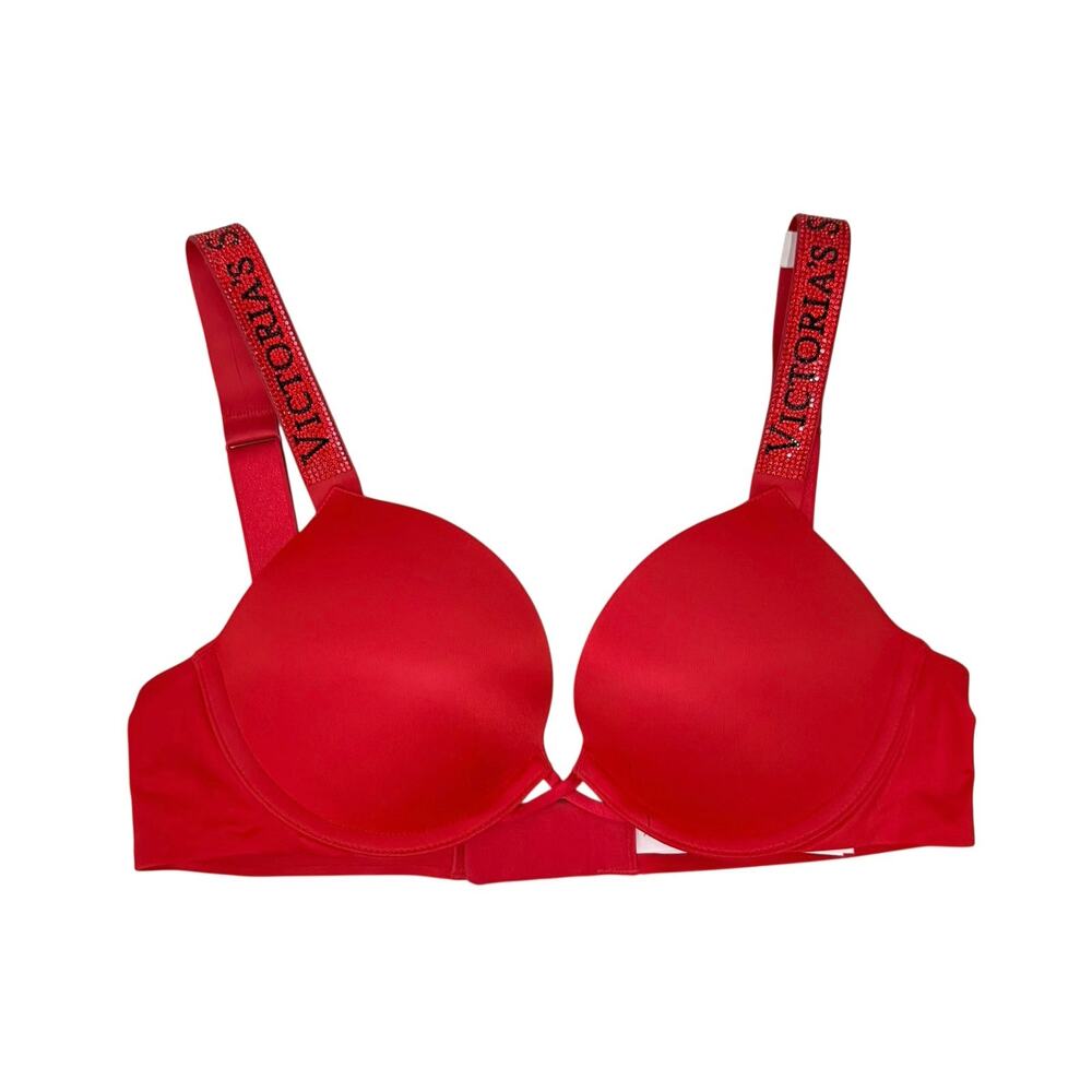 Victoria’s Secret Red Lace Bra 34A Rhinestone Straps Bombshell Sexy Push Up